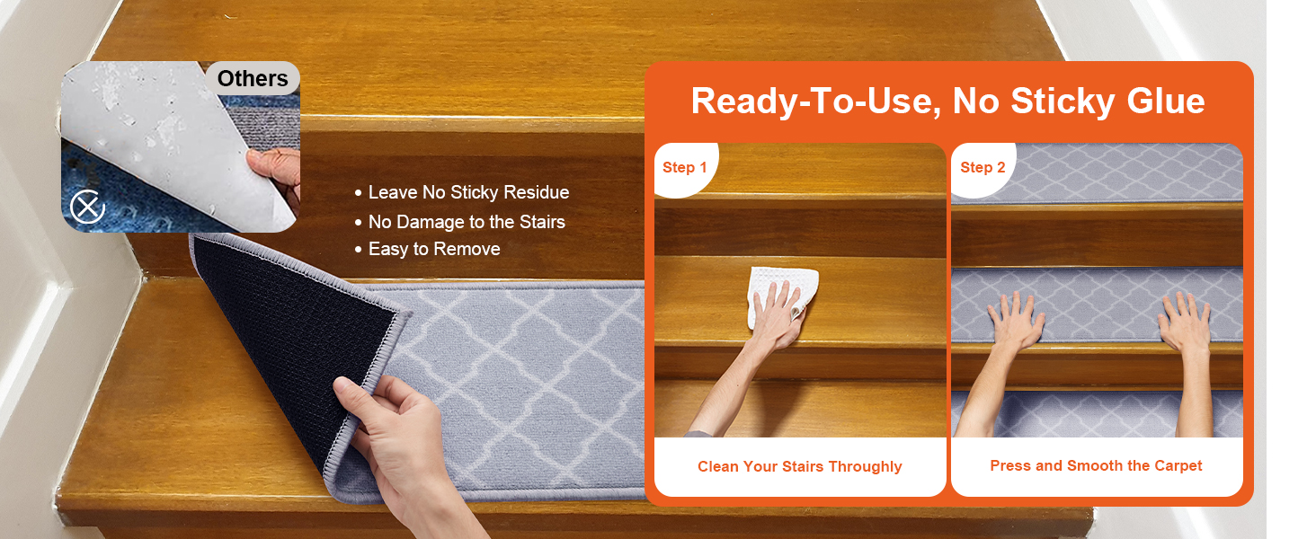 VEVOR stair treads: easy to apply, no sticky residue, no damage, ready-to-use carpet for stairs.