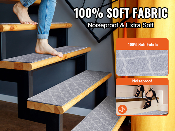 person walking barefoot on wooden stairs covered with VEVOR stair treads, promoting 100% soft fabric.