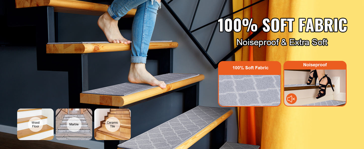 person walking barefoot on wooden stairs covered with VEVOR stair treads, promoting 100% soft fabric.