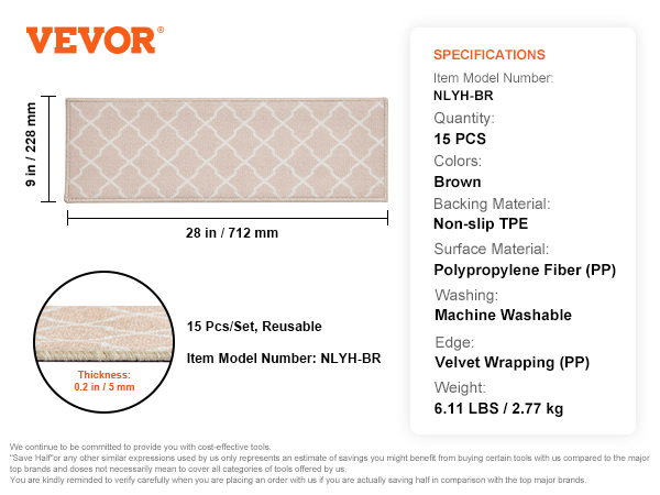 VEVOR stair treads, 15 pcs/set, brown, 28x9 in, machine washable, non-slip backing, 0.2 in thick.