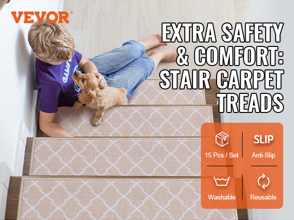 VEVOR stair treads enhance safety and comfort, featuring anti-slip, washable, and reusable carpet treads.