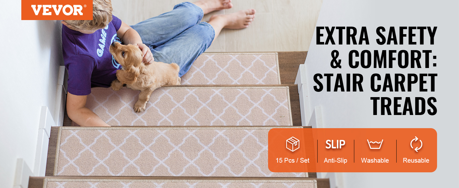 VEVOR stair treads enhance safety and comfort, featuring anti-slip, washable, and reusable carpet treads.