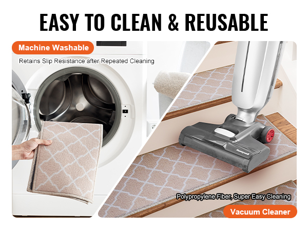 easy to clean VEVOR stair treads shown being machine washed and vacuumed, retaining slip resistance.