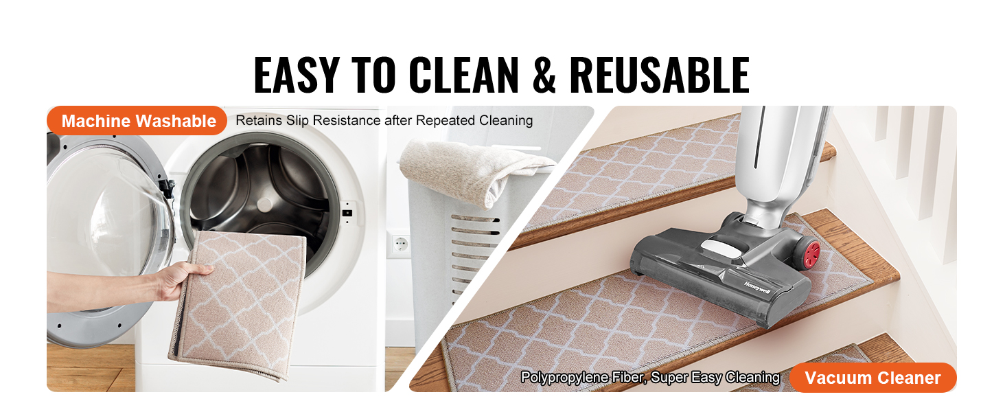easy to clean VEVOR stair treads shown being machine washed and vacuumed, retaining slip resistance.