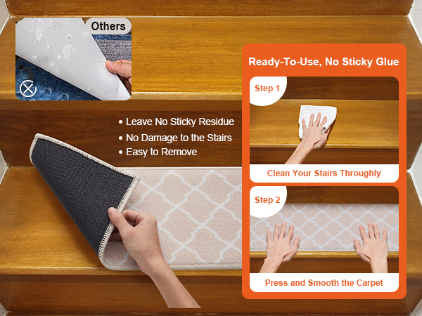 VEVOR stair treads, easy to install, no sticky residue, no damage, simple cleanup, press and smooth.