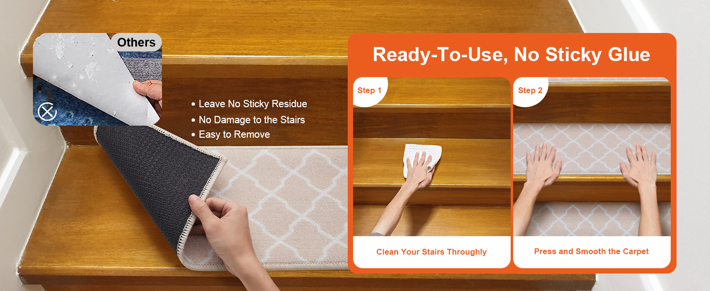 VEVOR stair treads, easy to install, no sticky residue, no damage, simple cleanup, press and smooth.