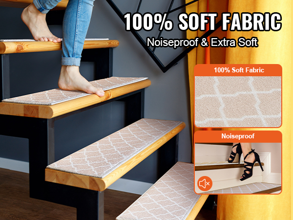 VEVOR stair treads in soft fabric, showing noiseproof, extra soft features, and multiple floor types.