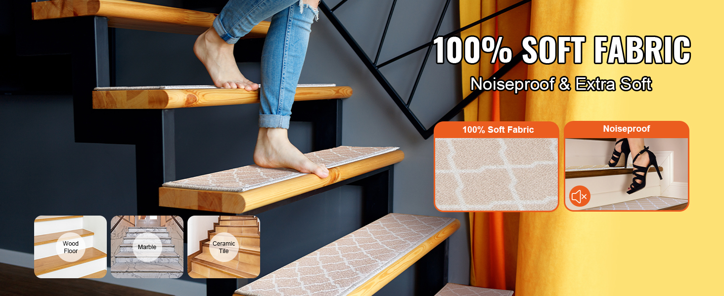 VEVOR stair treads in soft fabric, showing noiseproof, extra soft features, and multiple floor types.