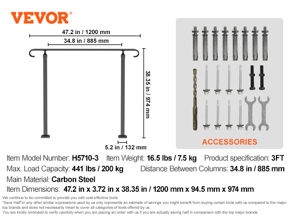 VEVOR outdoor handrails, 3ft carbon steel, 441 lbs max load, 38.35 in height, accessories included.