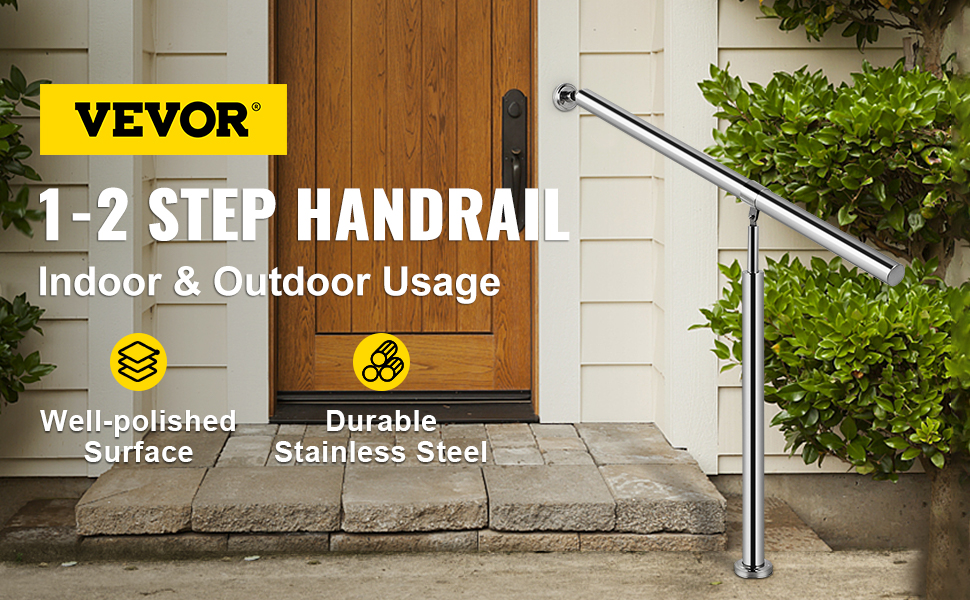 VEVOR stainless steel stair handrail for indoor and outdoor steps, well-polished and durable.