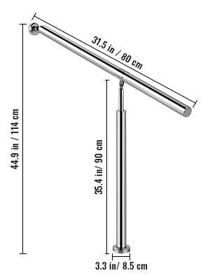 VEVOR stainless steel stair handrail with dimensions labeled for height and length.
