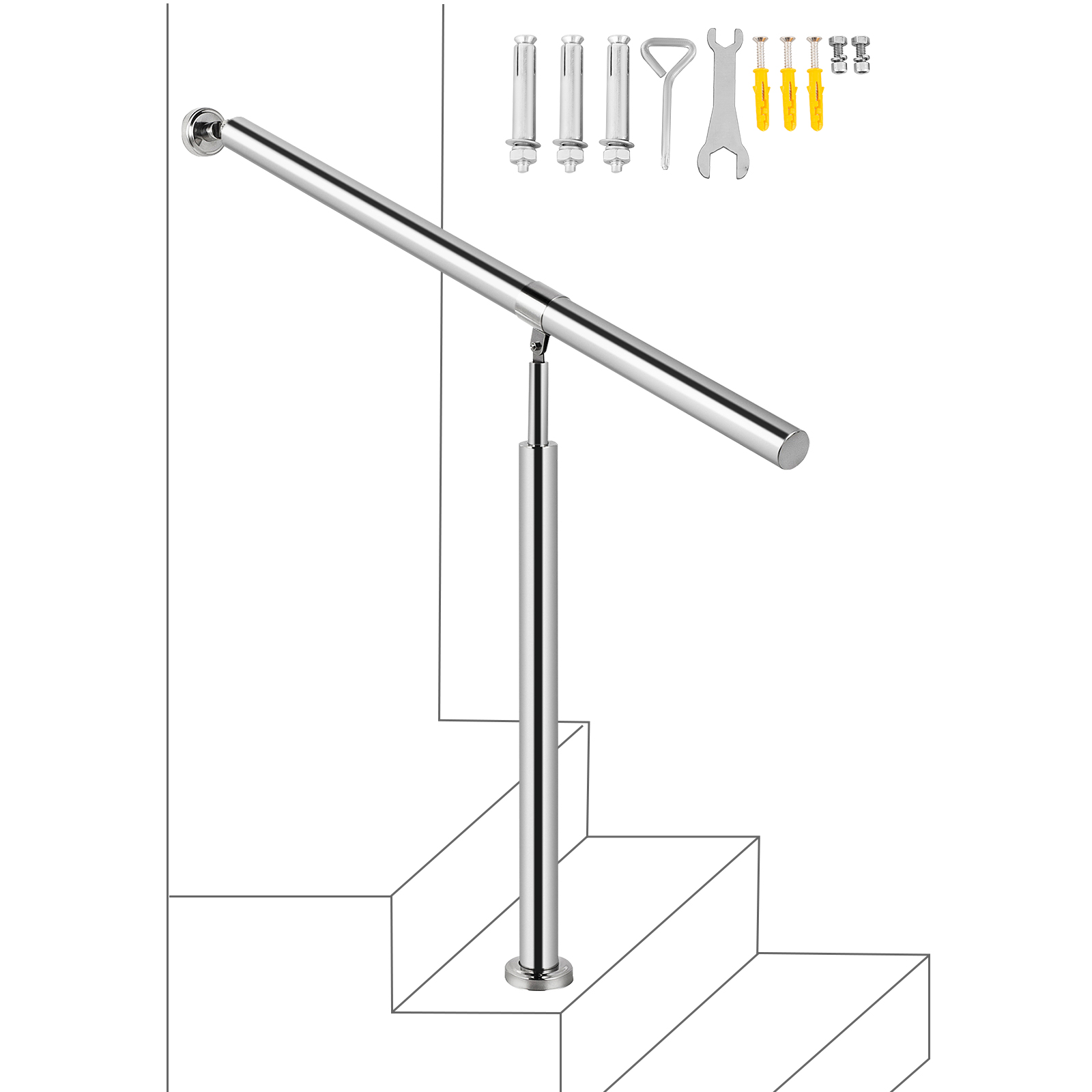 VEVOR stainless steel stair handrail with mounting kit, installed on stairs.
