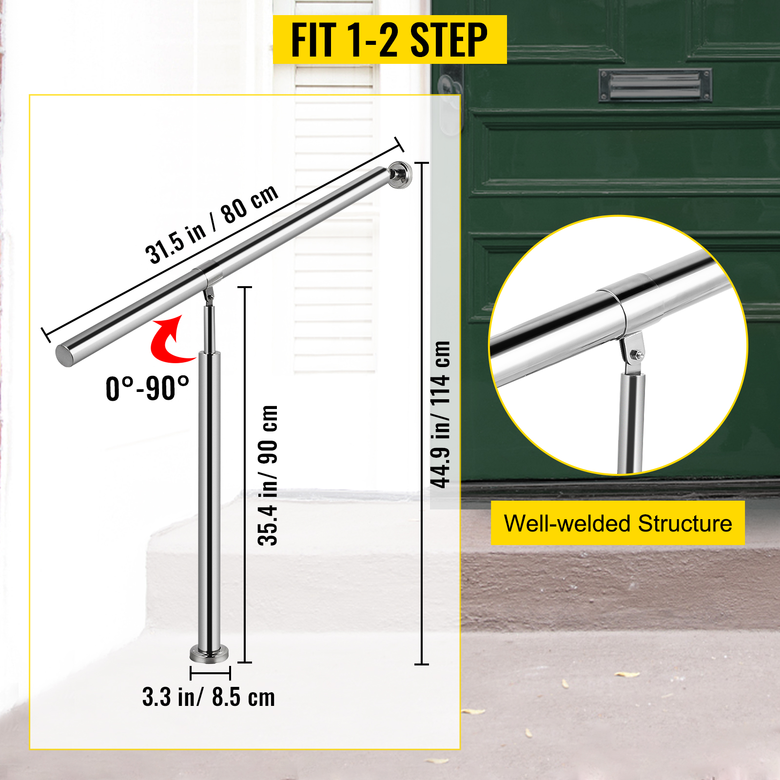 VEVOR stainless steel stair handrail with adjustable angle for 1-2 steps, well-welded structure.