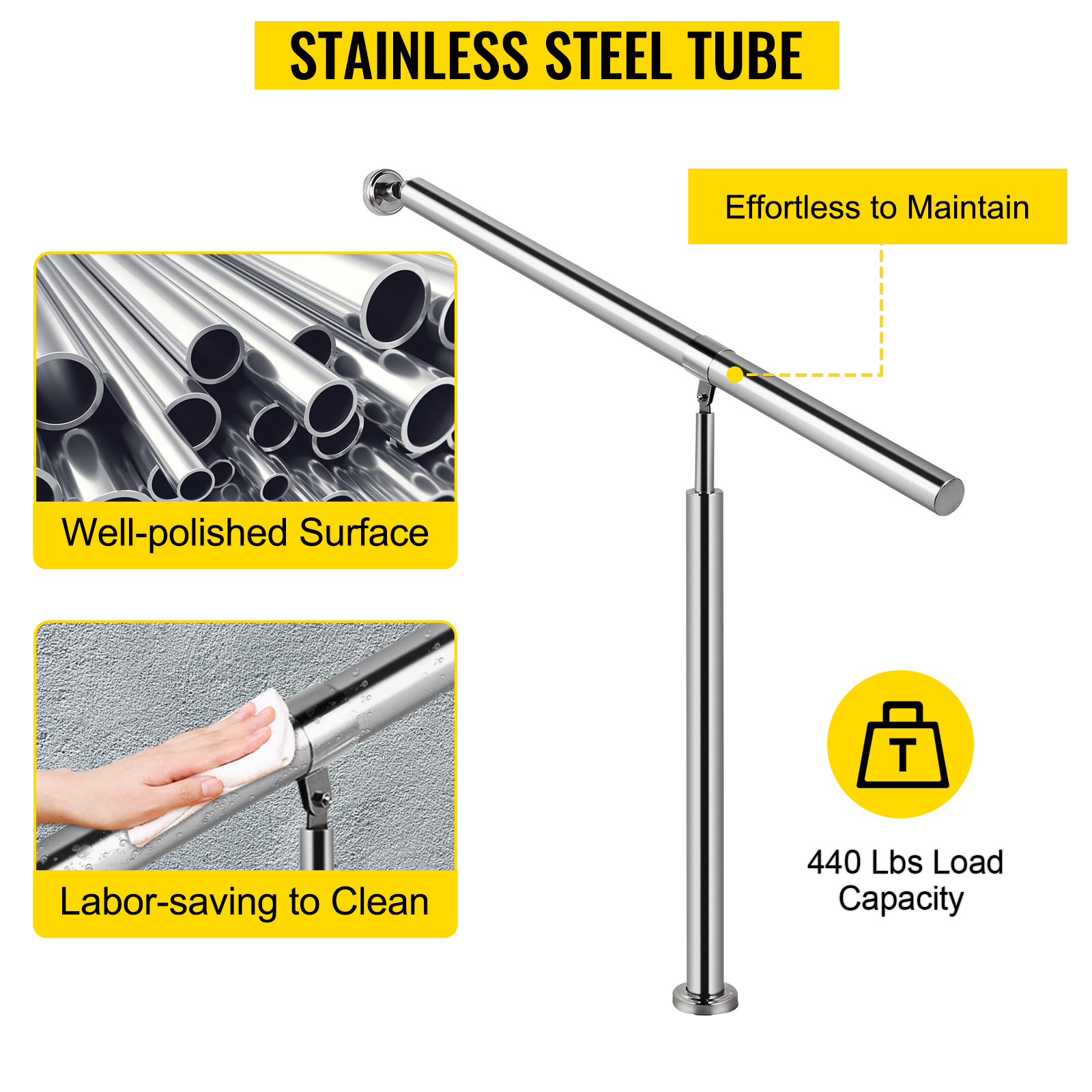 VEVOR stainless steel stair handrail with well-polished surface and 440 lbs load capacity.