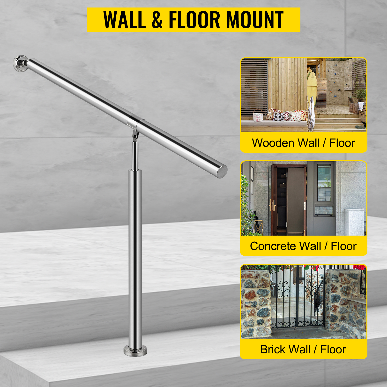 VEVOR stainless steel stair handrail for wall and floor mount, suitable for wooden, concrete, and brick surfaces.