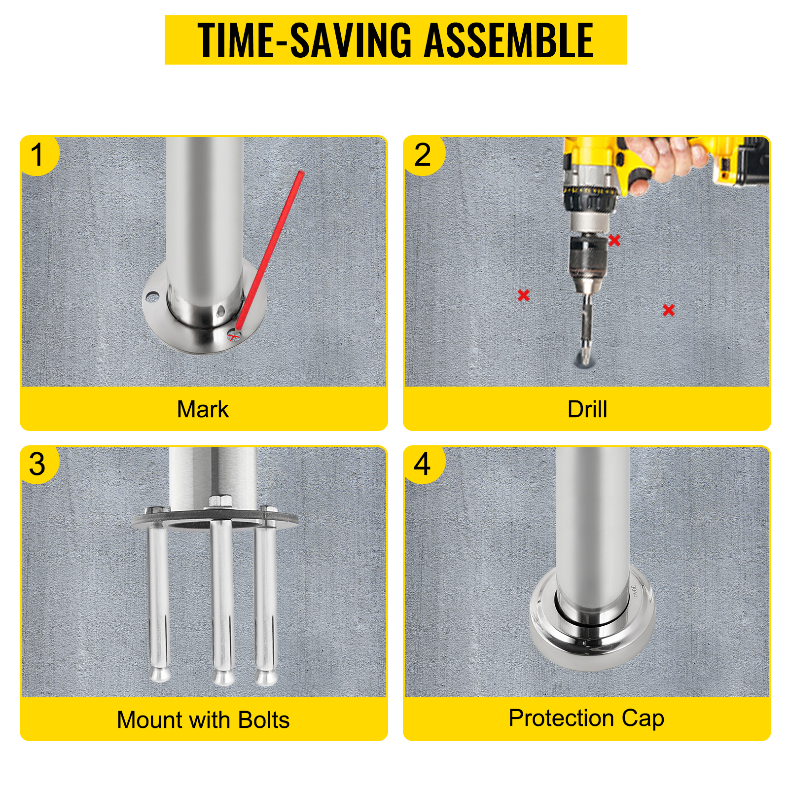 VEVOR stainless steel stair handrail installation steps: mark, drill, mount, protection cap.