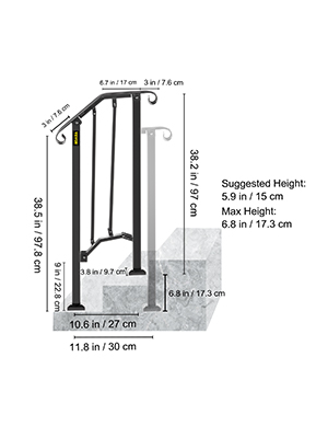VEVOR outdoor handrails with dimensions and height specifications.