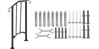 VEVOR outdoor handrails with installation hardware and tools.