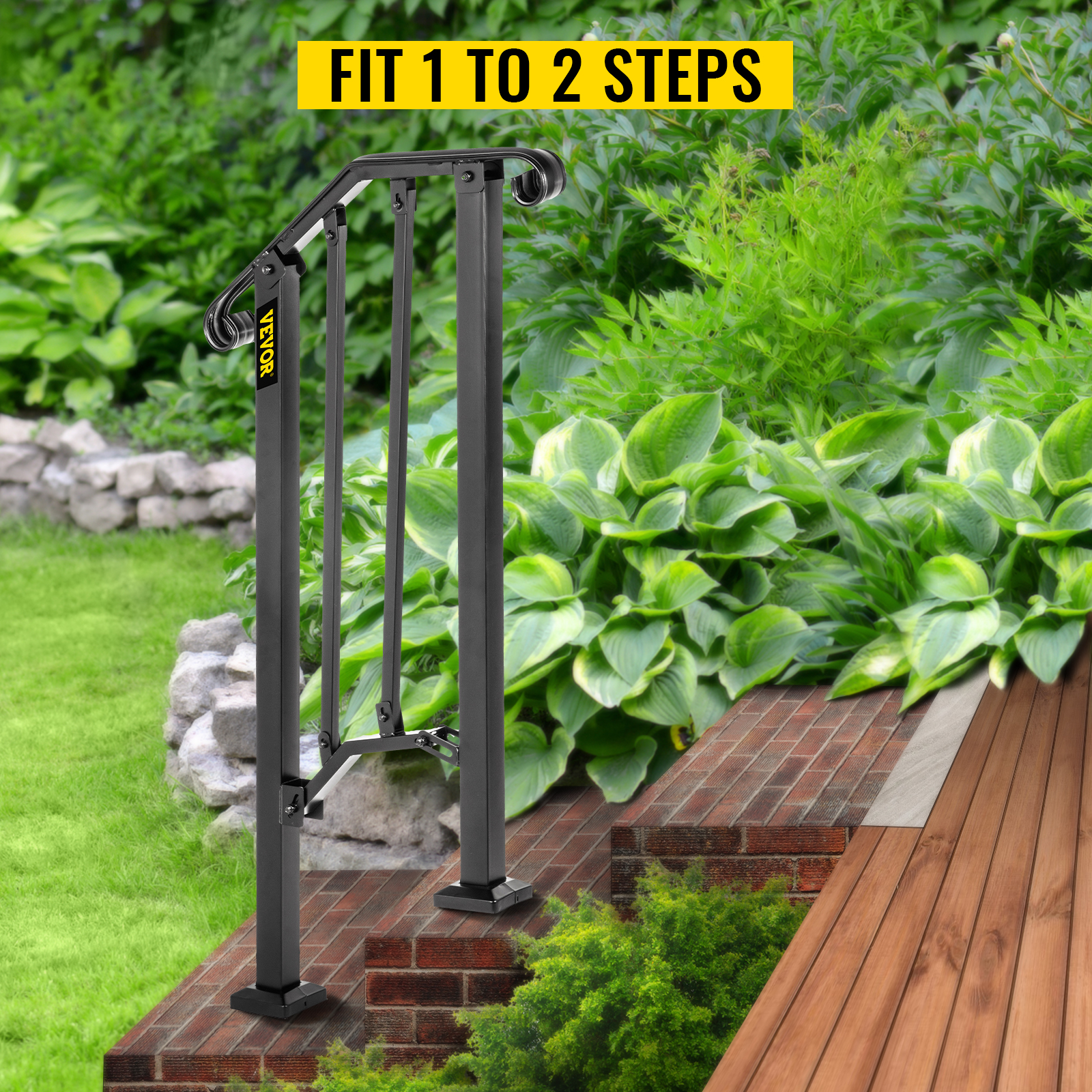 VEVOR outdoor handrails for 1 to 2 steps, installed on brick and wooden steps.