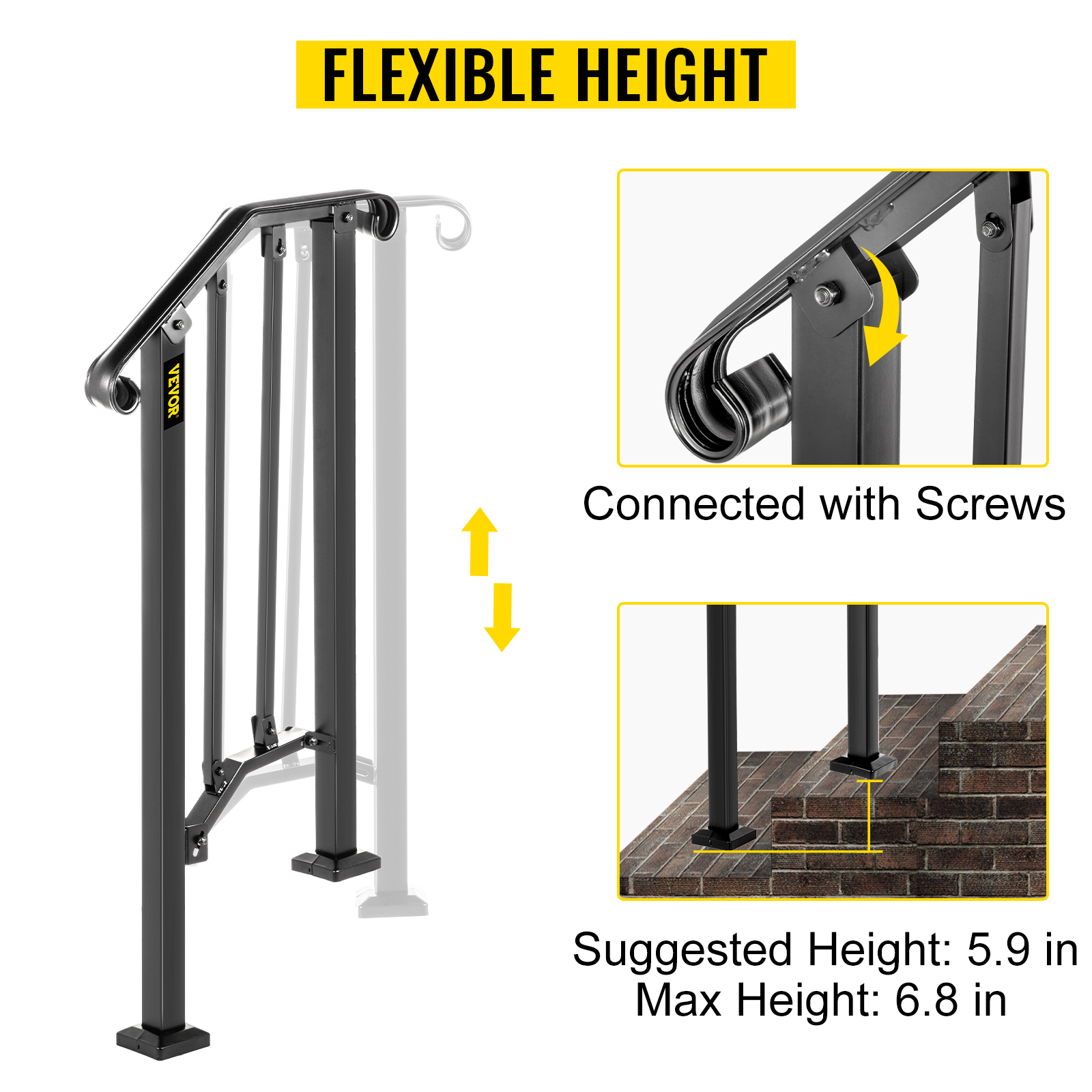 VEVOR outdoor handrails with flexible height adjustment, connected with screws for stability.