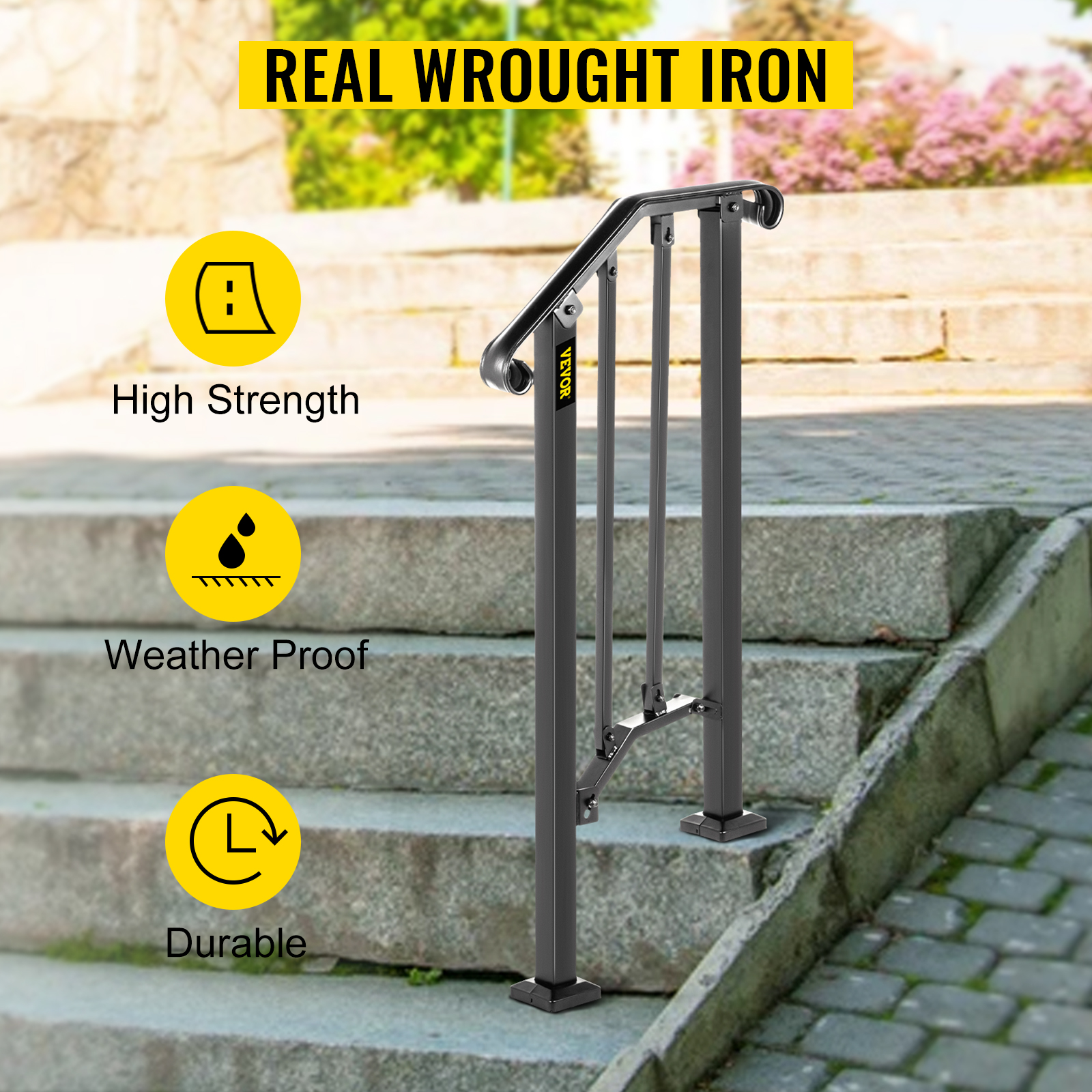 VEVOR outdoor handrails on stone steps; high strength, weatherproof, and durable features.