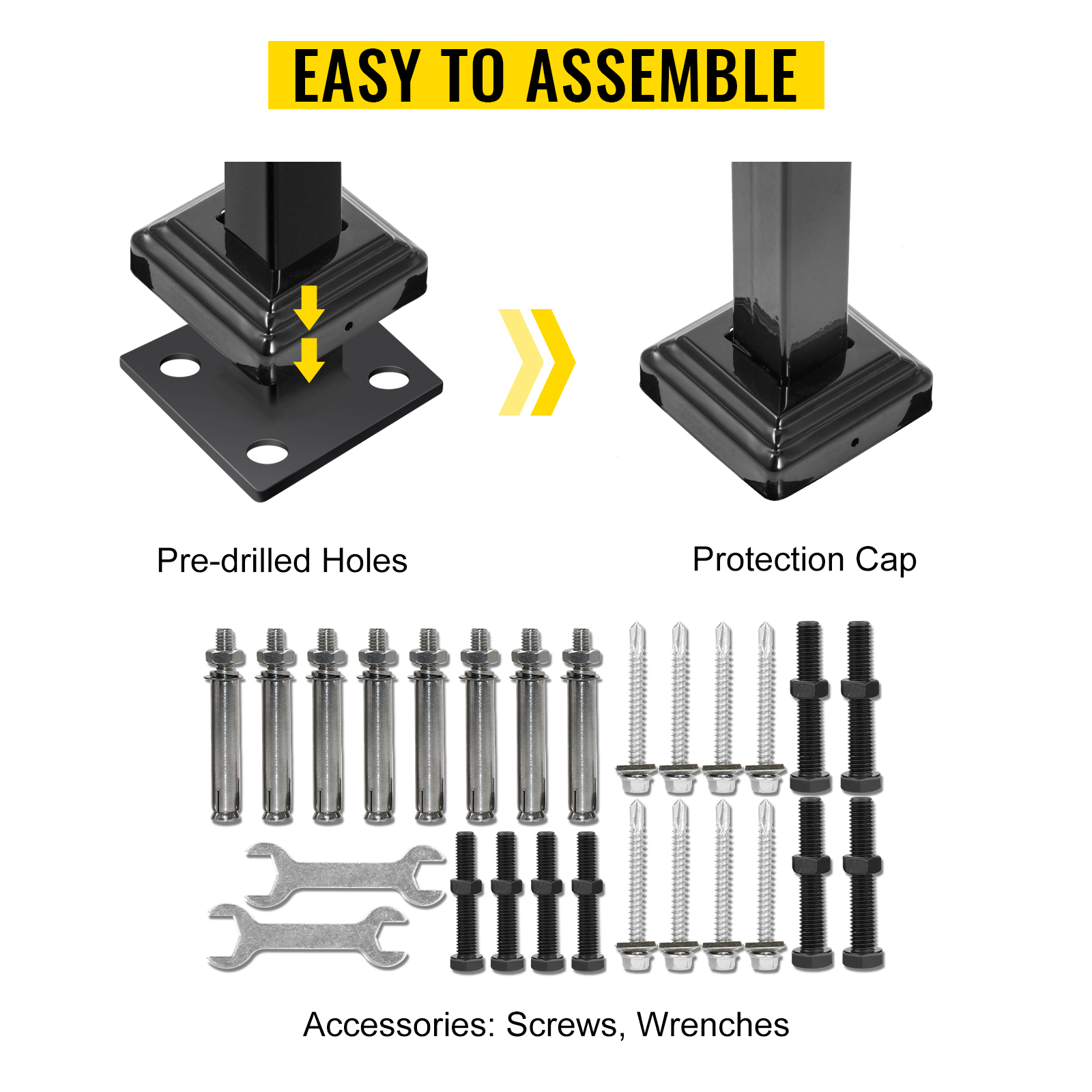 VEVOR outdoor handrails assembly with screws, wrenches, pre-drilled holes, and protection cap.