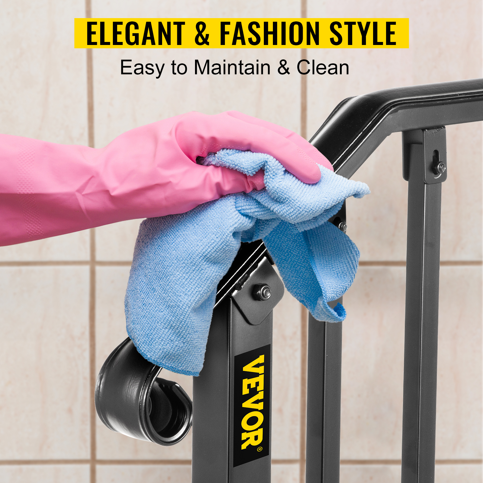 cleaning VEVOR outdoor handrails with a blue cloth and wearing pink gloves.