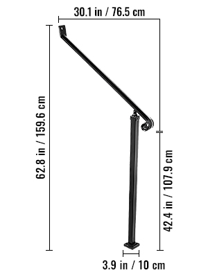 black VEVOR handrails with measurements for height, length, and base width included.
