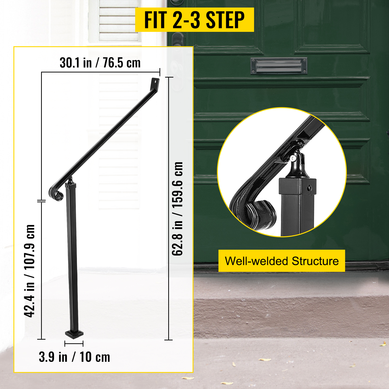 VEVOR handrails for 2-3 step, well-welded structure, 30.1in x 62.8in dimensions.