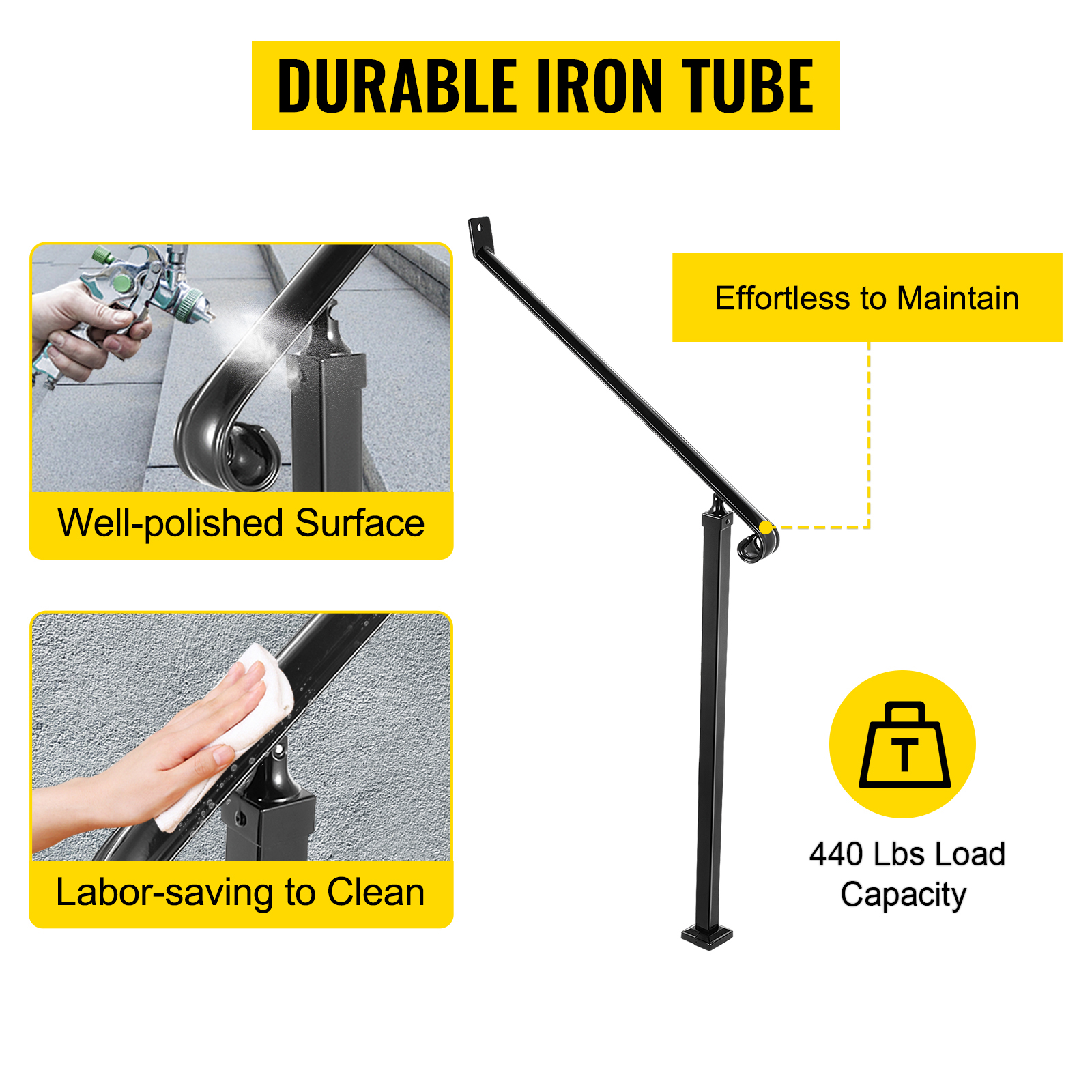 durable iron tube VEVOR handrails, well-polished surface, easy to clean, 440 lbs load capacity.