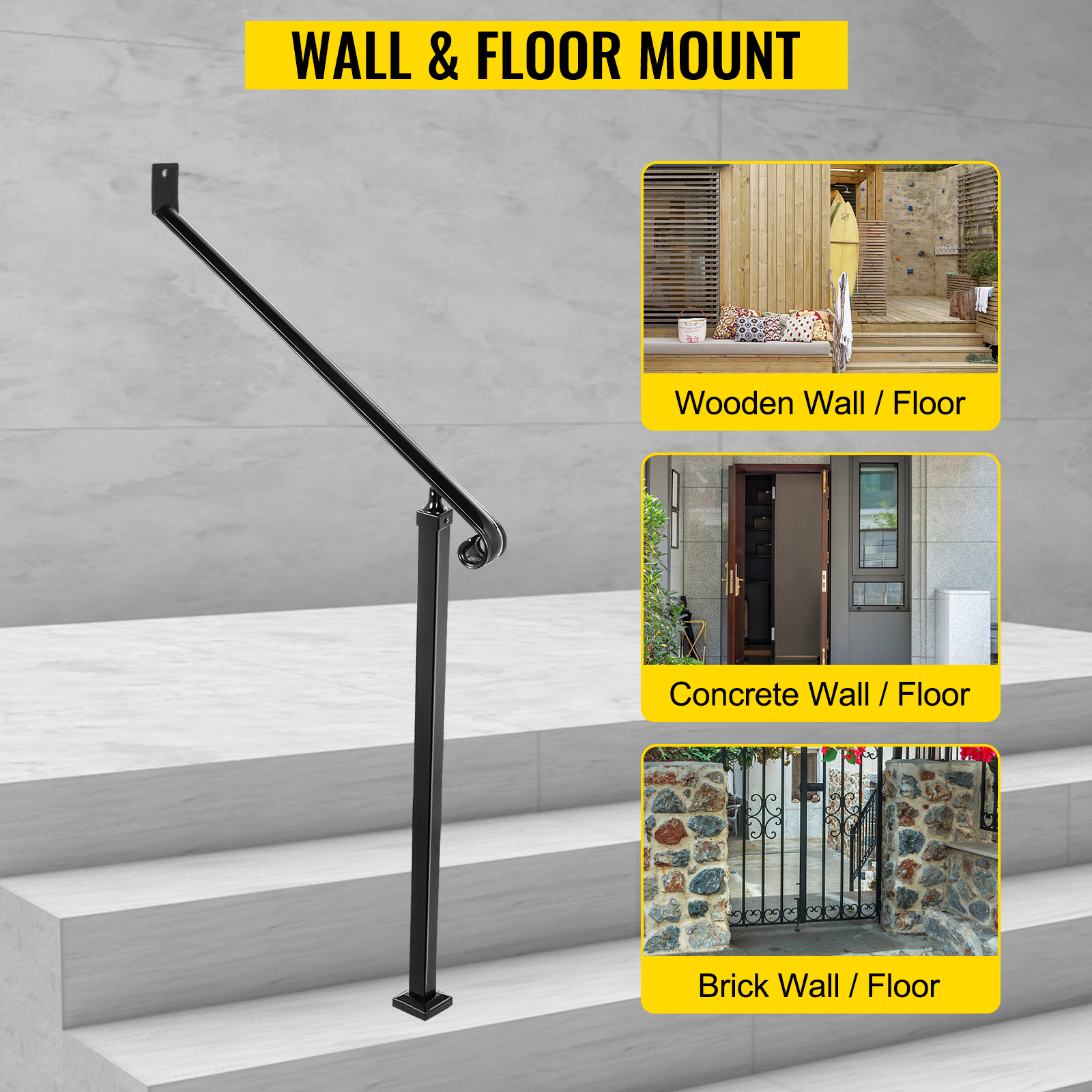 VEVOR handrails for wall and floor mounting on wooden, concrete, and brick surfaces.