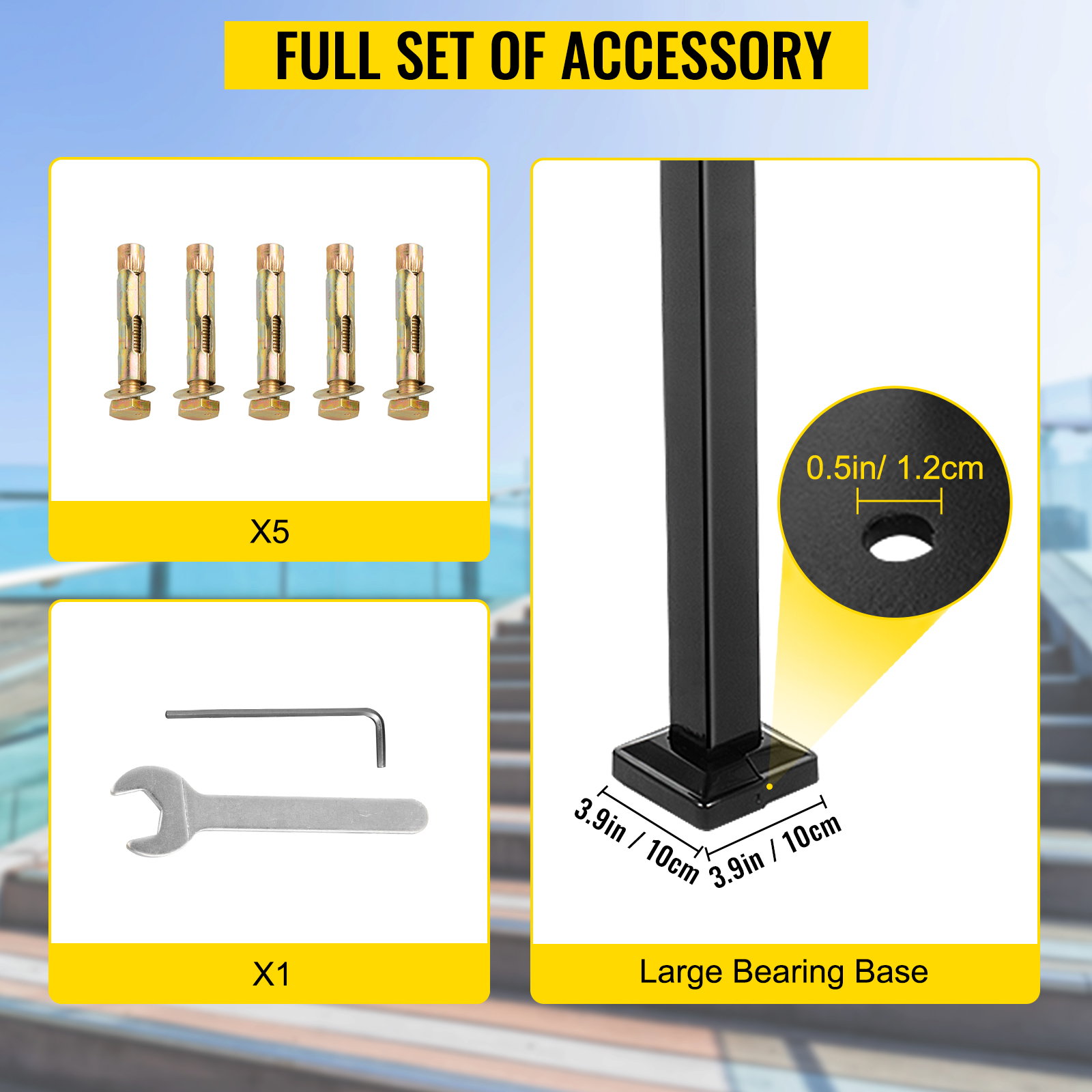 VEVOR handrails accessory set with bolts, wrench, and large bearing base.