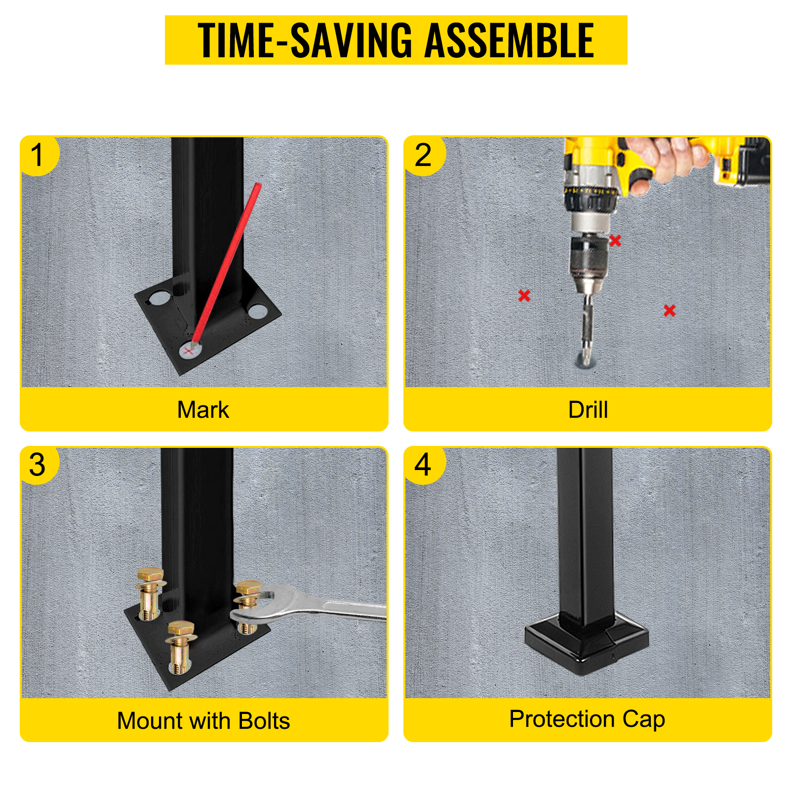 VEVOR handrails assembly steps: mark, drill, mount with bolts, add protection cap.