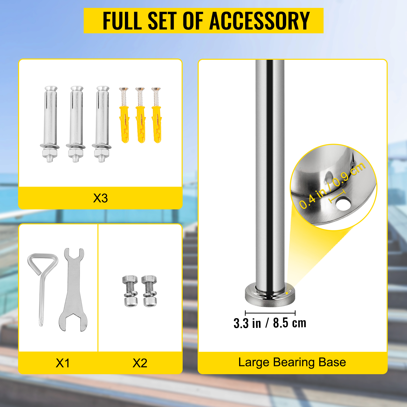 VEVOR stainless steel step handrail with full set of installation accessories.