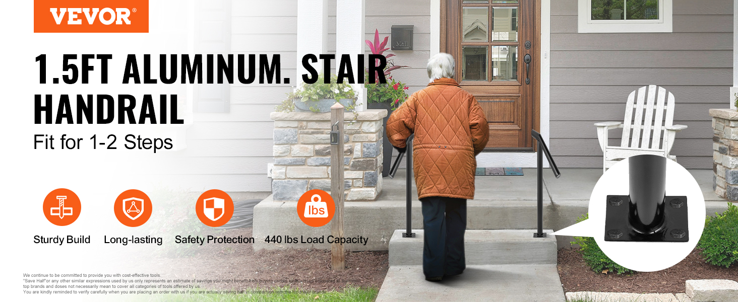 VEVOR steel railing: 1.5ft aluminum stair handrail fit for 1-2 steps, sturdy and safe.