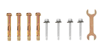 VEVOR steel railing installation hardware set with bolts, screws, and a wrench.