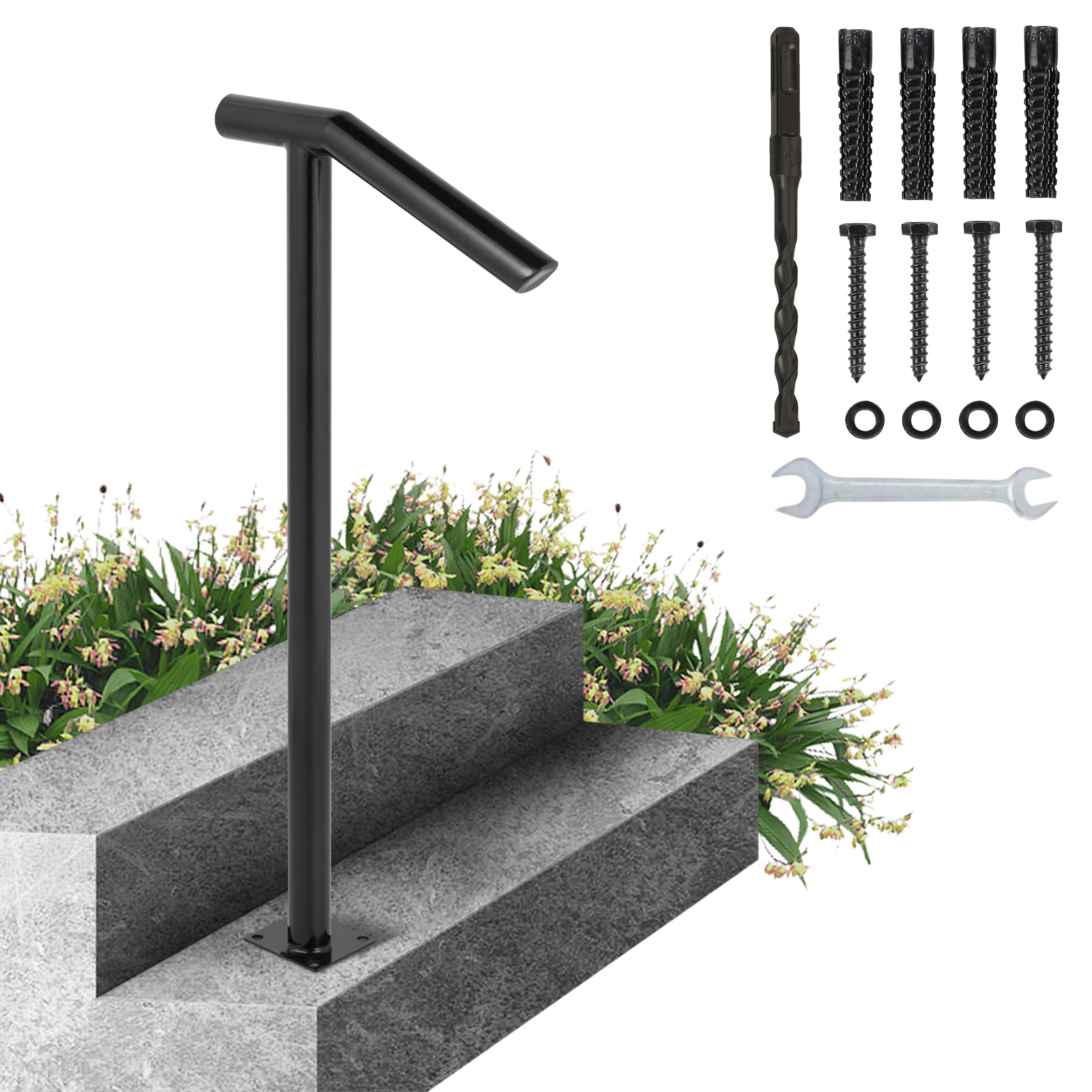 VEVOR steel railing next to gray stairs with installation hardware and flowers in the background.