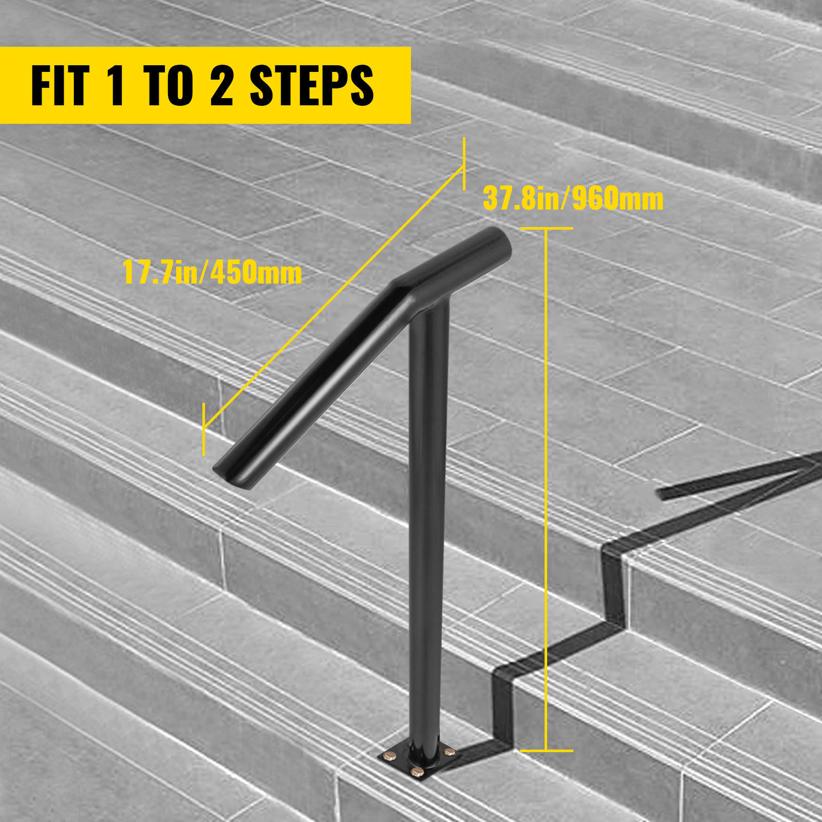VEVOR steel railing for 1-2 steps, 37.8in height, 17.7in length.