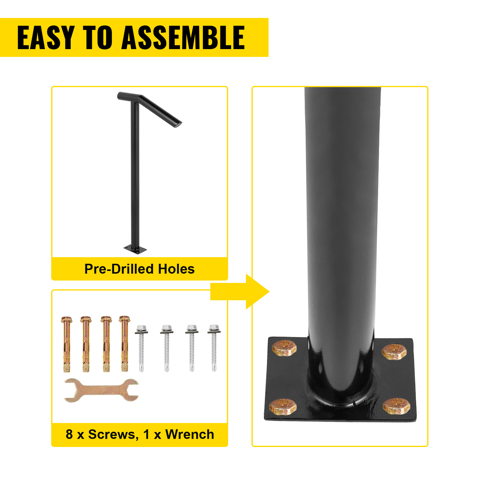 VEVOR steel railing with pre-drilled holes, 8 screws, 1 wrench, easy to assemble.