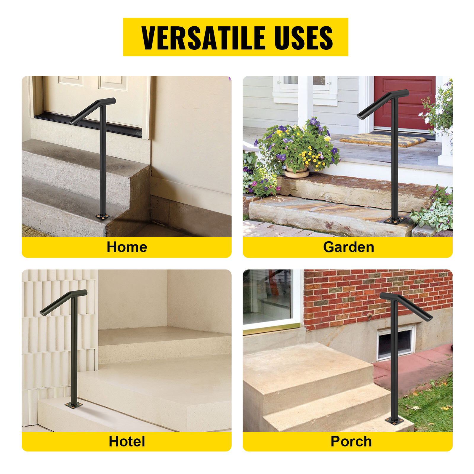 VEVOR steel railing for home, garden, hotel, and porch steps, showcasing versatility.