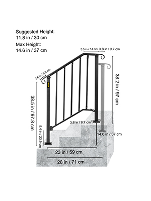 VEVOR outdoor handrails on stone steps, dimensions labeled for installation.