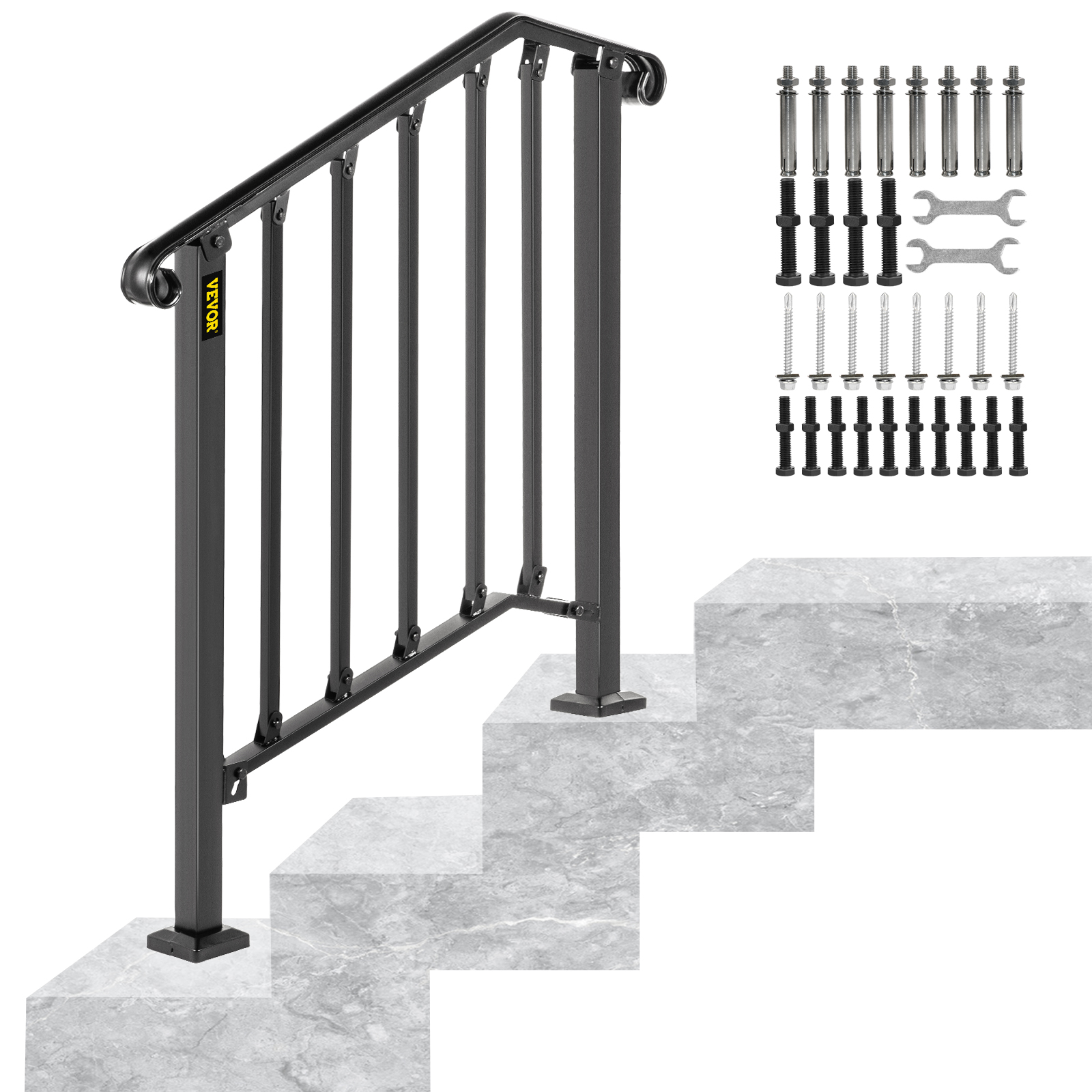 VEVOR outdoor handrails on stone steps with installation hardware set.