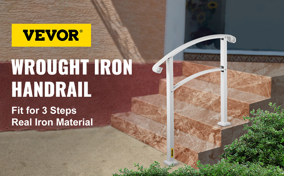 VEVOR outdoor handrails on marble steps with text promoting wrought iron material.