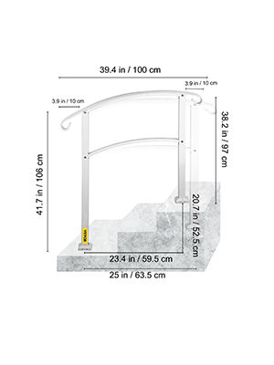 VEVOR outdoor handrails on stone steps with dimensions labeled in inches and cm.