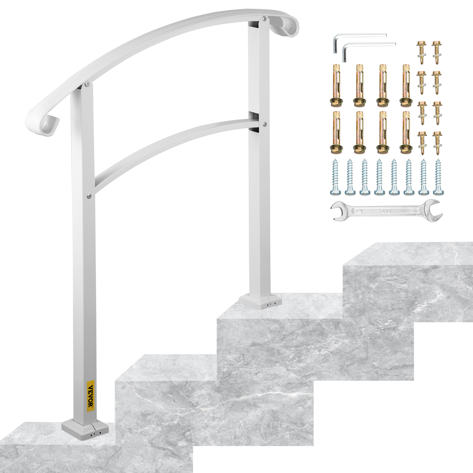 VEVOR outdoor handrails on stairs with installation tools and hardware included.