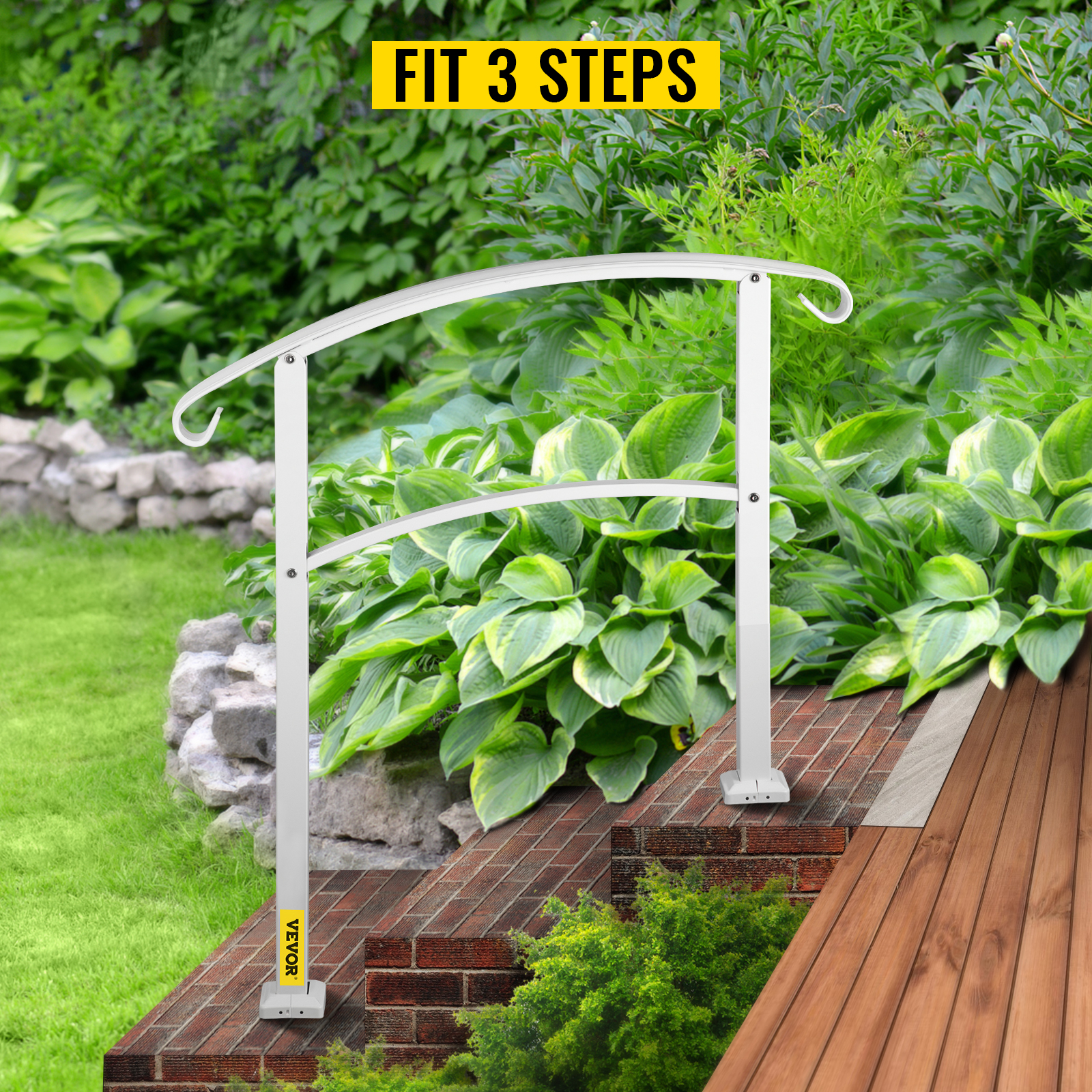 VEVOR outdoor handrails for 3 steps with lush greenery and brick steps.