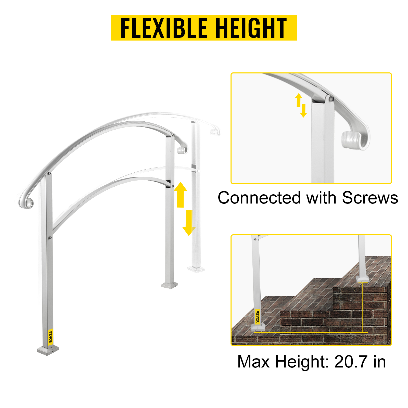 VEVOR outdoor handrails with flexible height adjustment up to 20.7 inches.