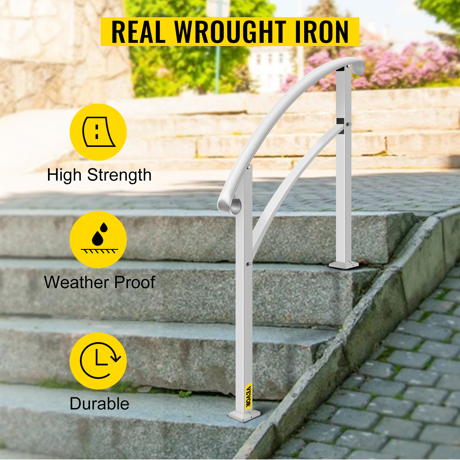 VEVOR outdoor handrails on stone steps showcasing strength, weatherproof, and durability.