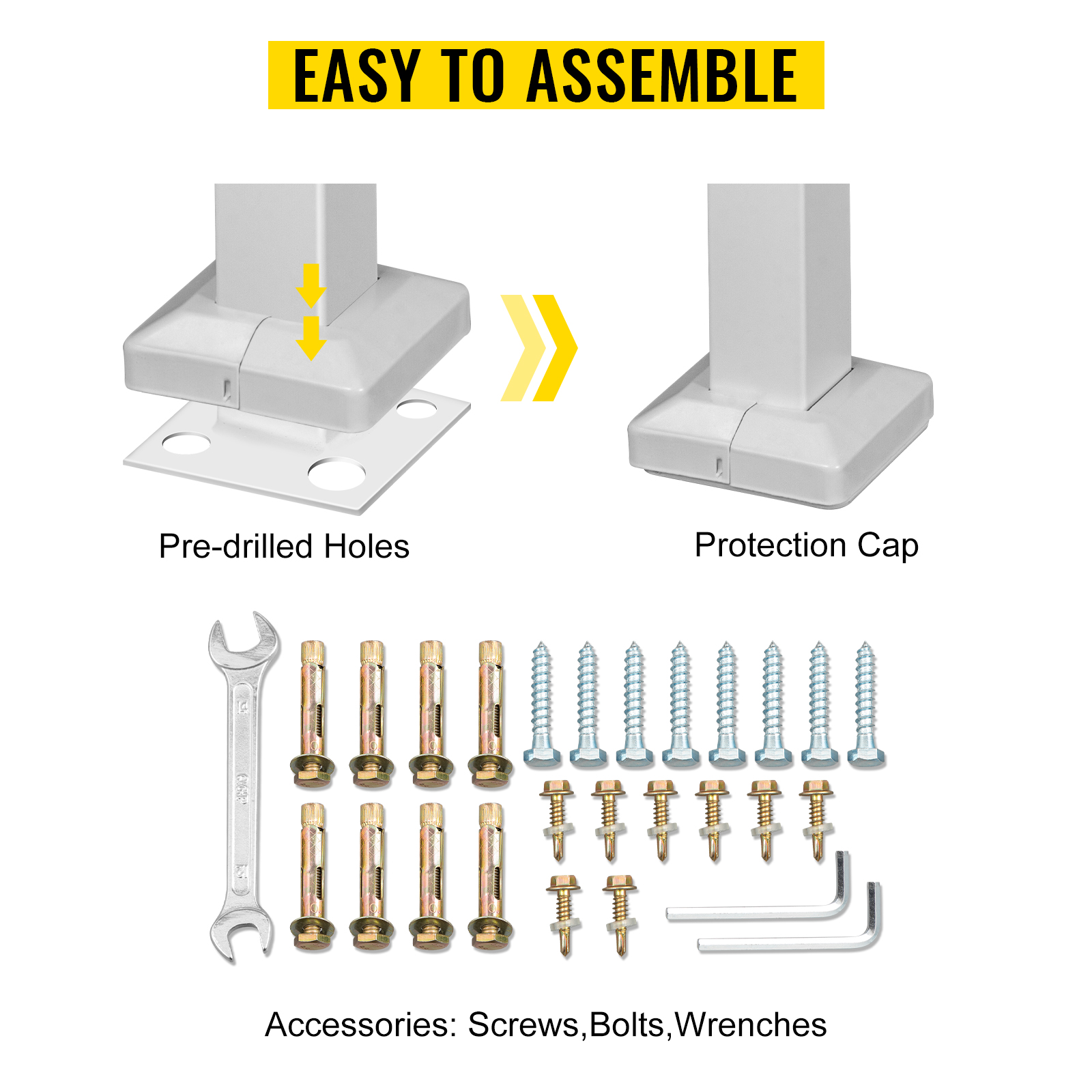 VEVOR outdoor handrails assembly instructions with pre-drilled holes and protection cap.
