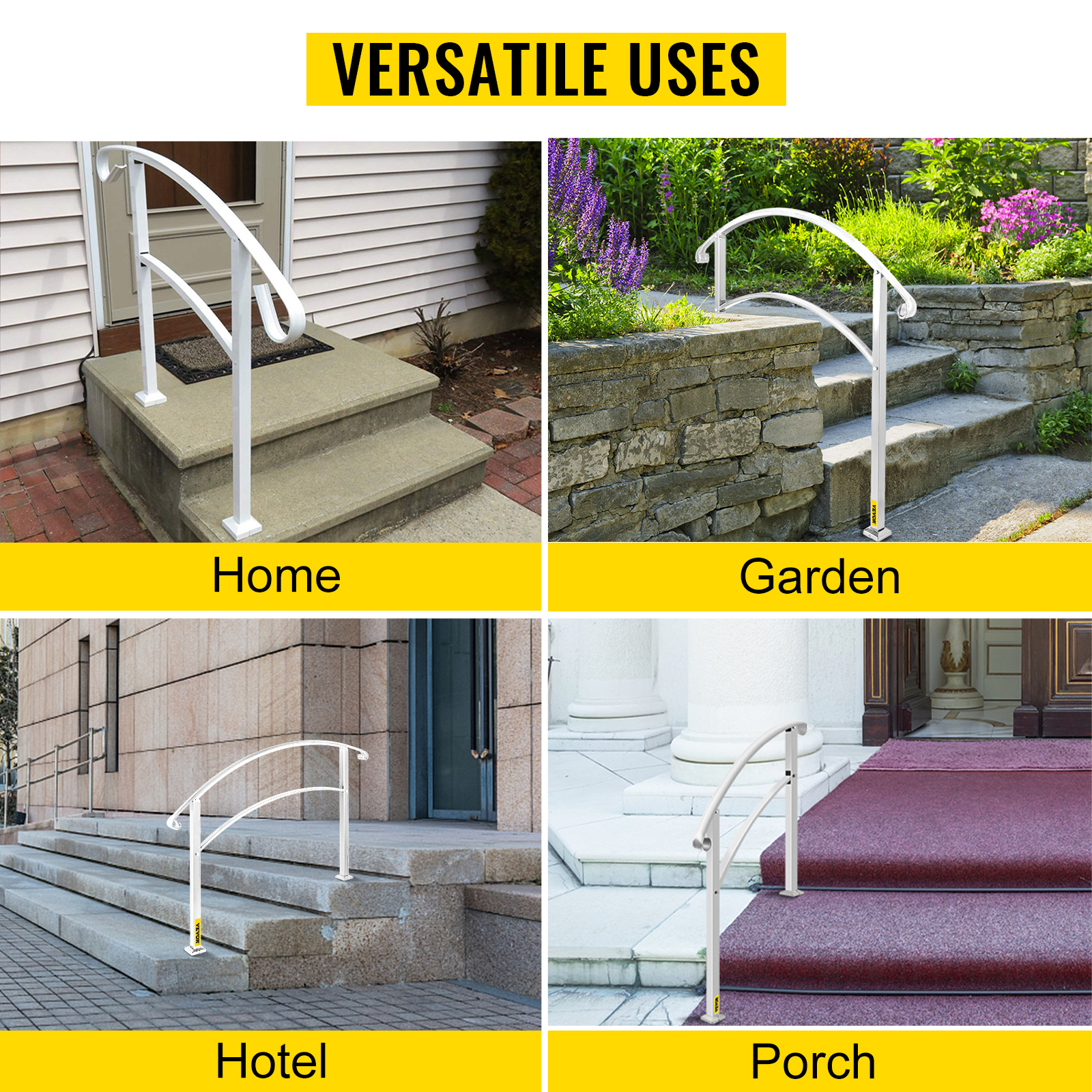 VEVOR outdoor handrails used at home, garden, hotel, and porch for versatile applications.